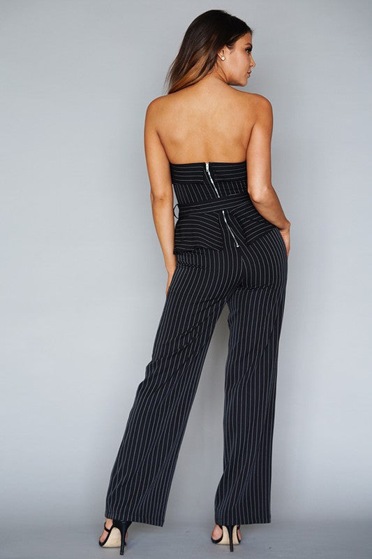 STRAPLESS PINSTRIPE TUX JUMPSUIT