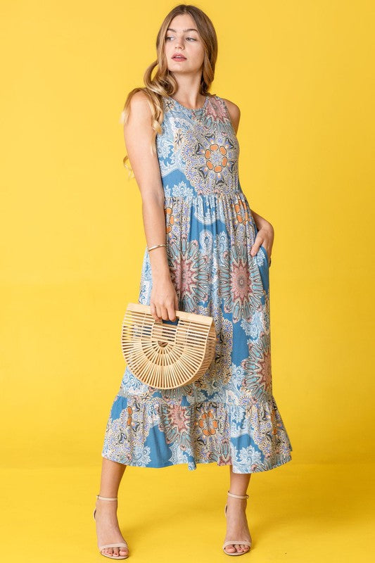 Sleeveless Print Ruffled Hem Tea Length Dress