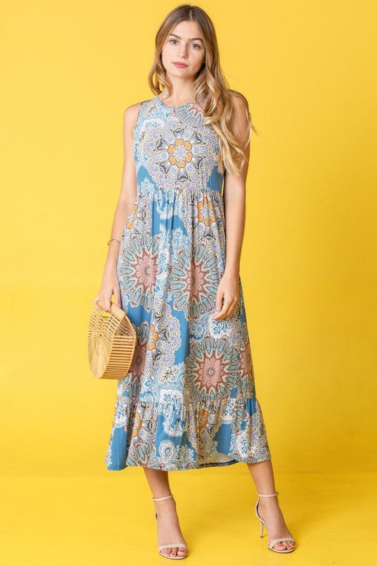 Sleeveless Print Ruffled Hem Tea Length Dress