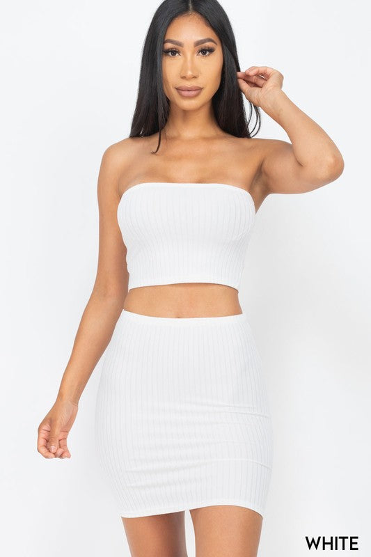 Solid Strapless Ribbed Tube Top &Mini Skirt Sets