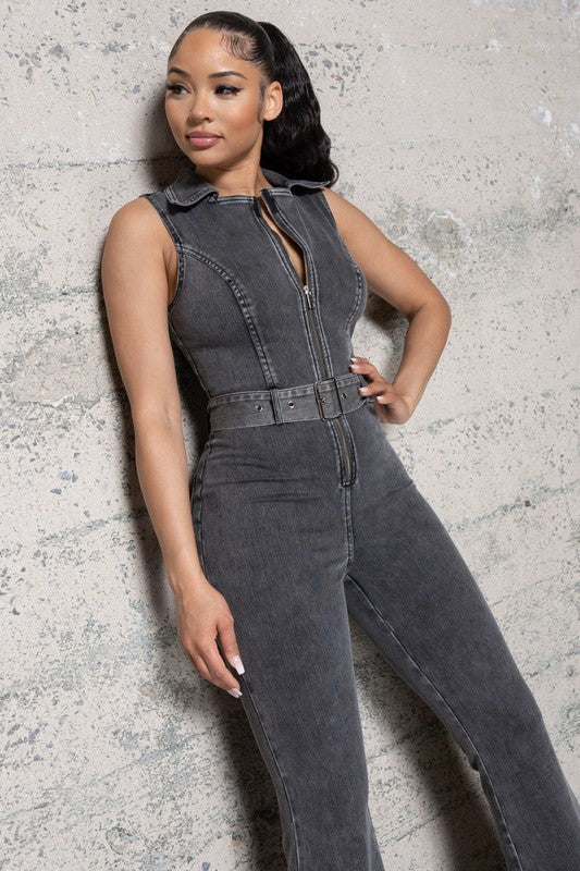 STRETCH DENIM BELLBOTTOM JUMPSUIT