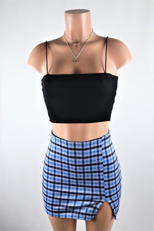 Blue plaid skirt with slit