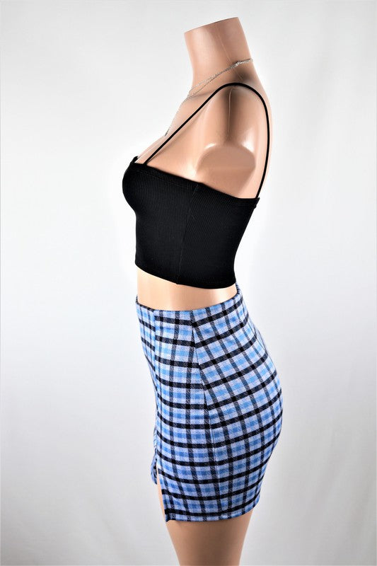 Blue plaid skirt with slit
