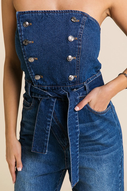 Tube front Zip long Denim Jumpsuit