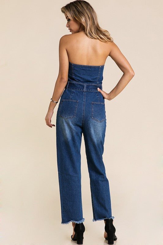 Tube front Zip long Denim Jumpsuit