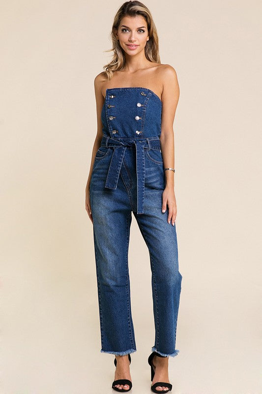 Tube front Zip long Denim Jumpsuit