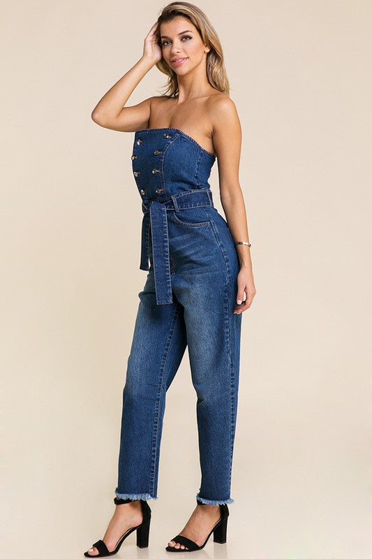 Tube front Zip long Denim Jumpsuit