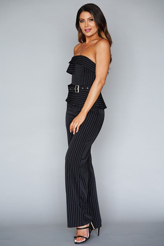 STRAPLESS PINSTRIPE TUX JUMPSUIT