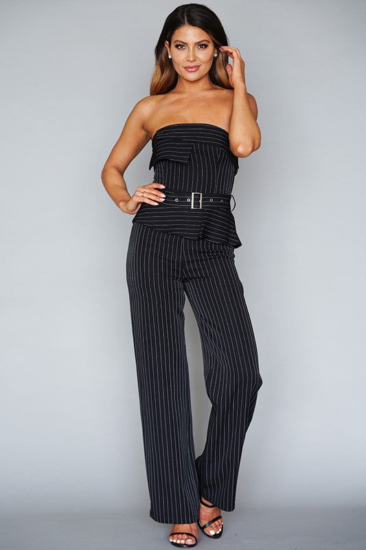 STRAPLESS PINSTRIPE TUX JUMPSUIT