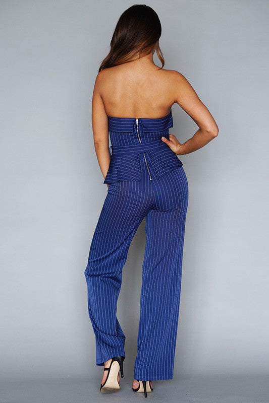 STRAPLESS PINSTRIPE TUX JUMPSUIT
