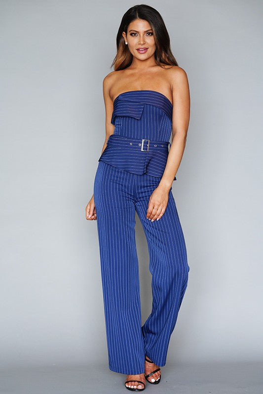 STRAPLESS PINSTRIPE TUX JUMPSUIT