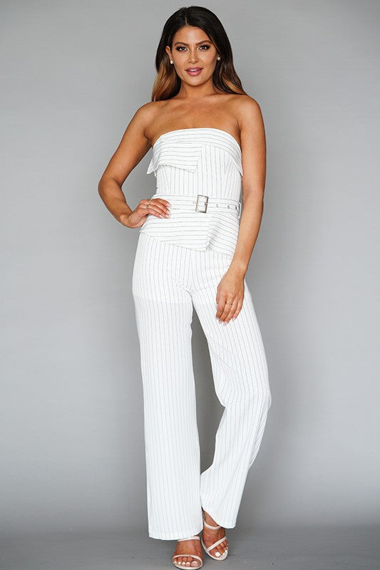 STRAPLESS PINSTRIPE TUX JUMPSUIT
