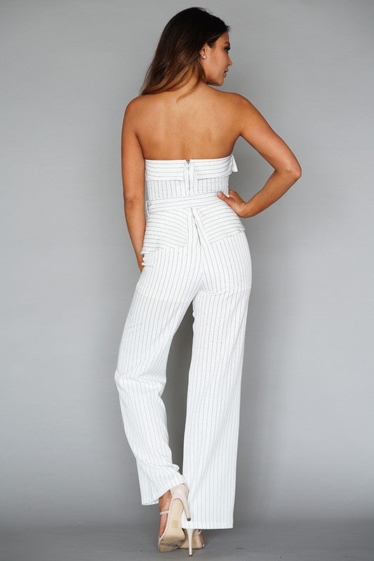 STRAPLESS PINSTRIPE TUX JUMPSUIT