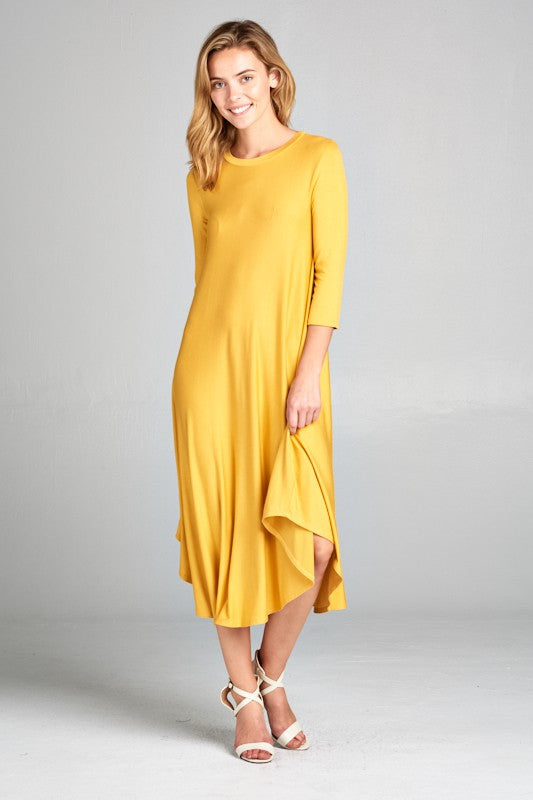 SOLID ROUND NECK 3/4 SLEEVE MIDI SWING DRESS