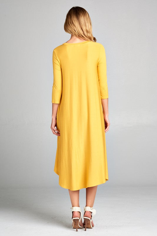 SOLID ROUND NECK 3/4 SLEEVE MIDI SWING DRESS