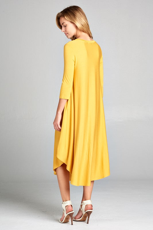 SOLID ROUND NECK 3/4 SLEEVE MIDI SWING DRESS