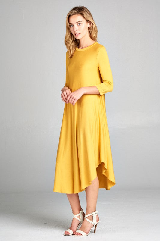 SOLID ROUND NECK 3/4 SLEEVE MIDI SWING DRESS