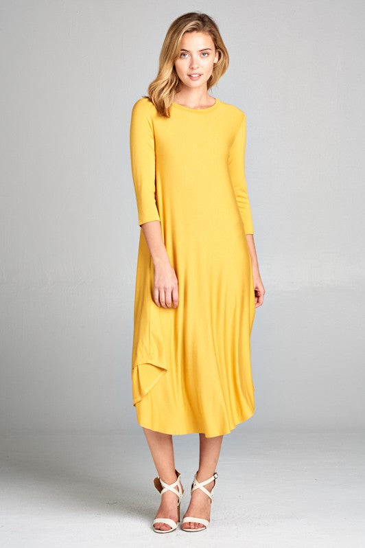 SOLID ROUND NECK 3/4 SLEEVE MIDI SWING DRESS