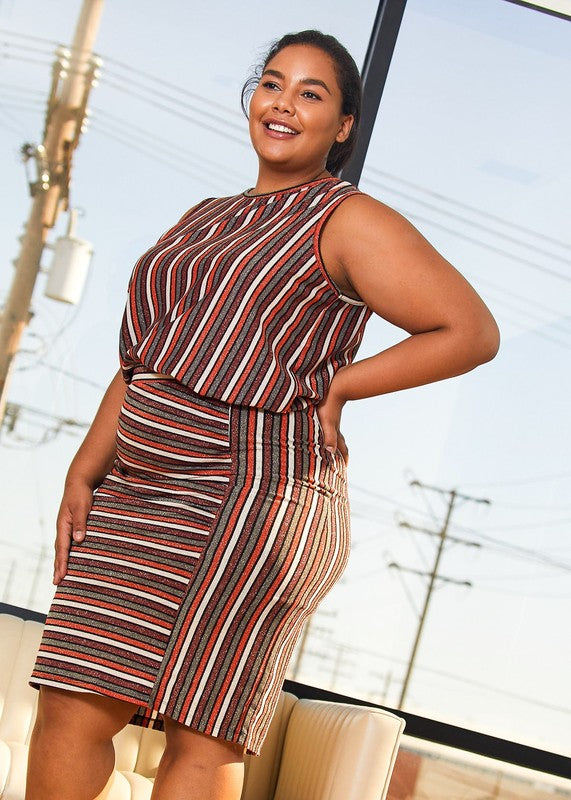 PLUS SIZE MULTI STRIPE MIDI SKIRT