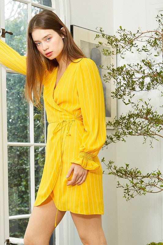 Smocked Bell Sleeve Wrap Dress