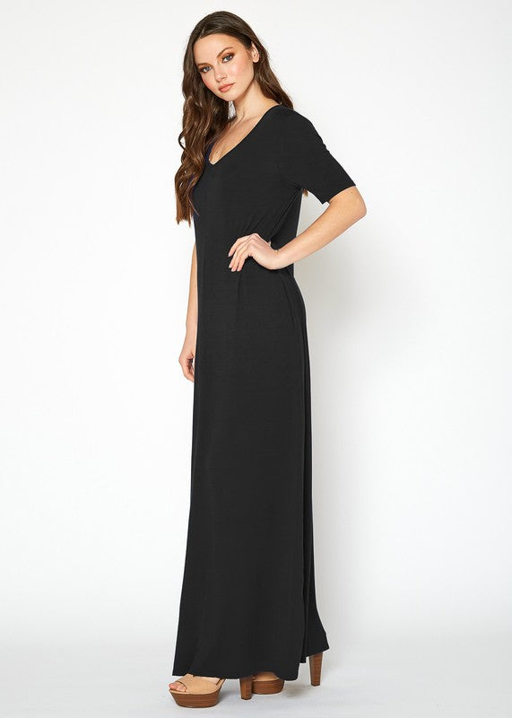 V Neck Short Sleeve Maxi Dress With Pockets