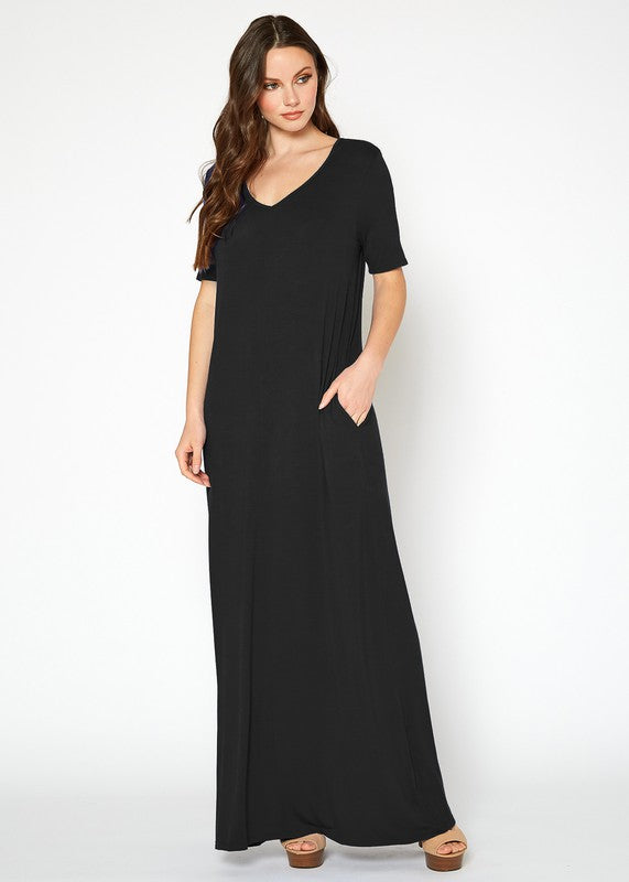 V Neck Short Sleeve Maxi Dress With Pockets