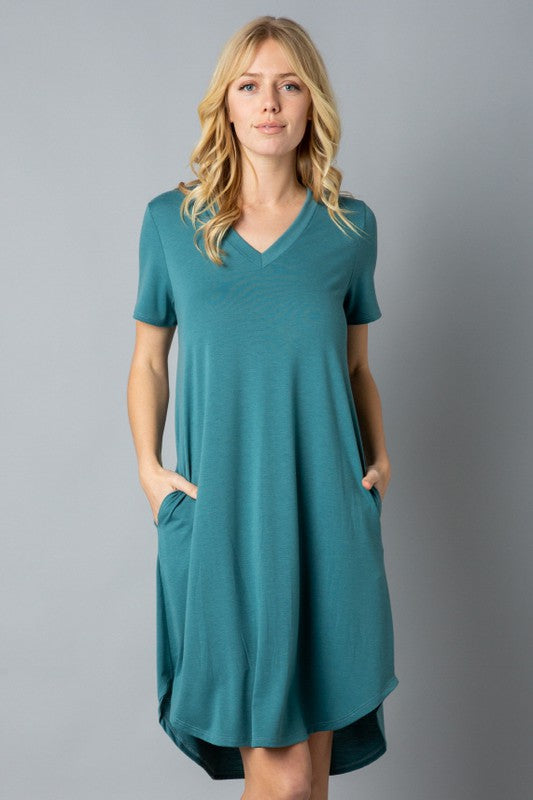 Solid Short Sleeve V Neck Midi Dress