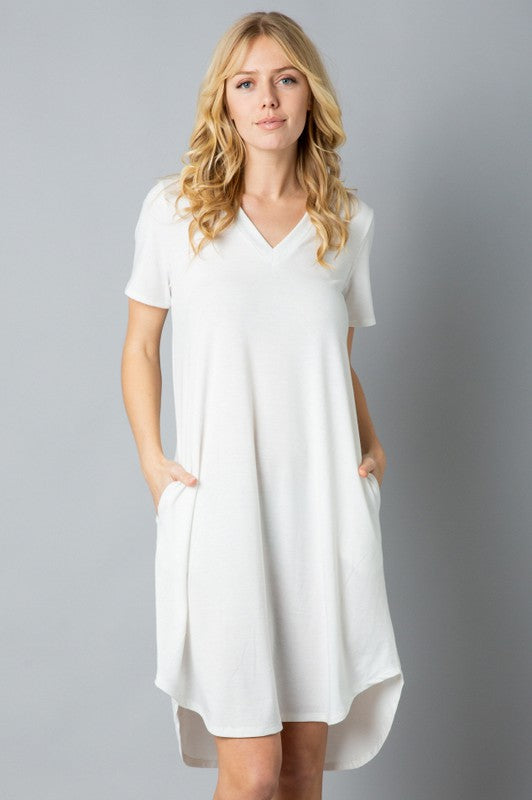 Solid Short Sleeve V Neck Midi Dress