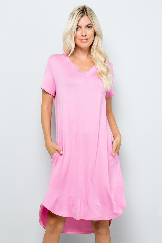 Solid Short Sleeve V Neck Midi Dress