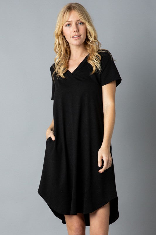 Solid Short Sleeve V Neck Midi Dress