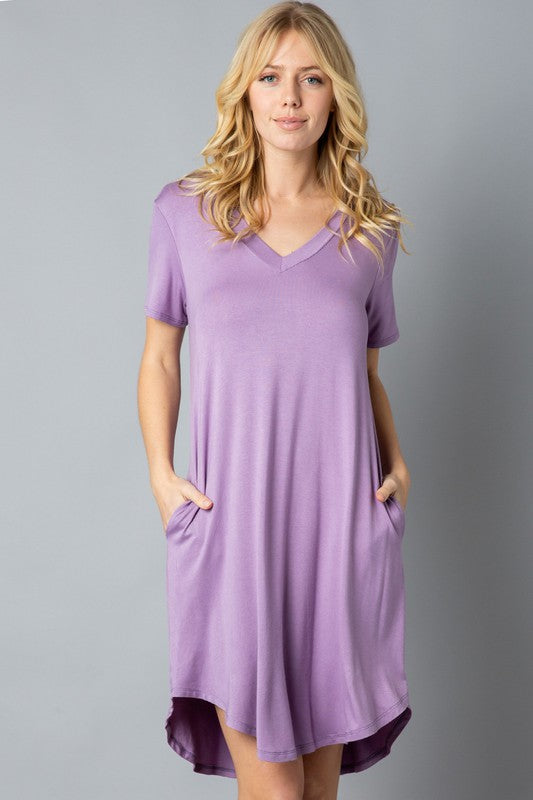 Solid Short Sleeve V Neck Midi Dress