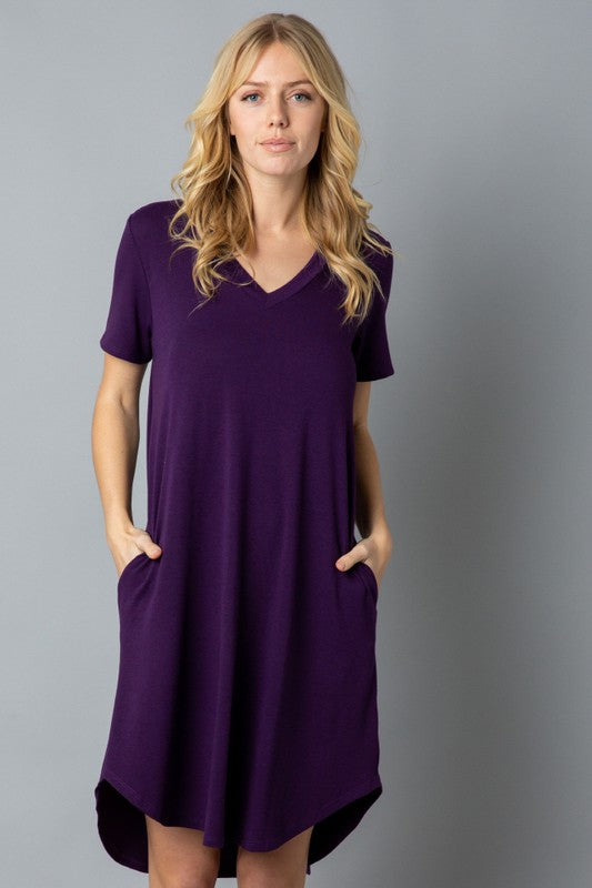 Solid Short Sleeve V Neck Midi Dress