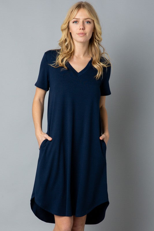 Solid Short Sleeve V Neck Midi Dress