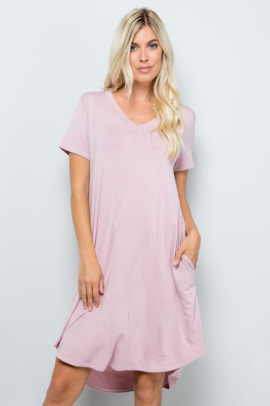 Solid Short Sleeve V Neck Midi Dress