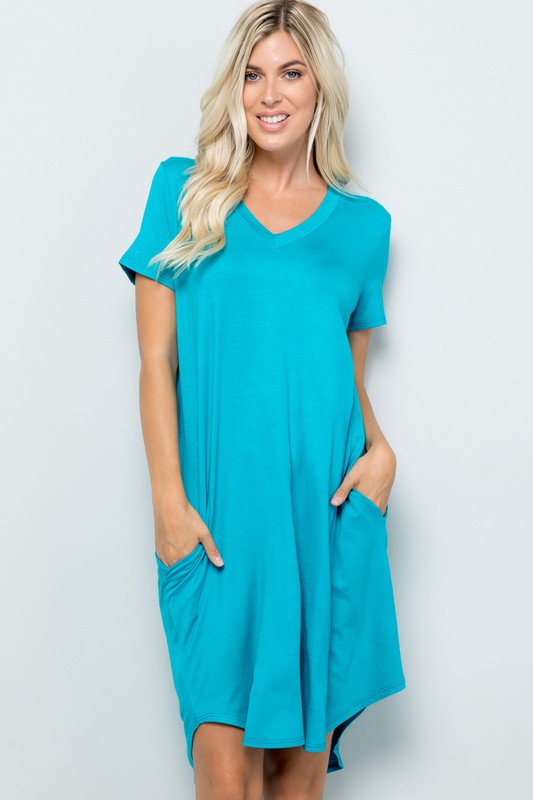 Solid Short Sleeve V Neck Midi Dress