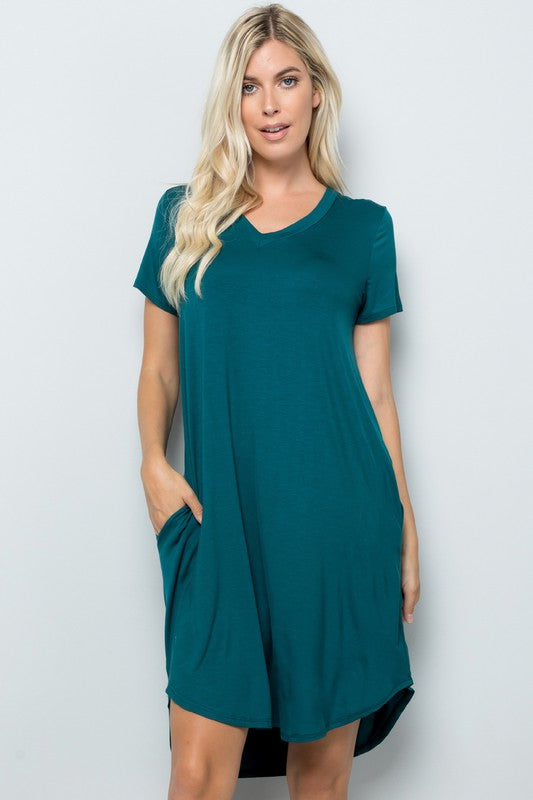 Solid Short Sleeve V Neck Midi Dress