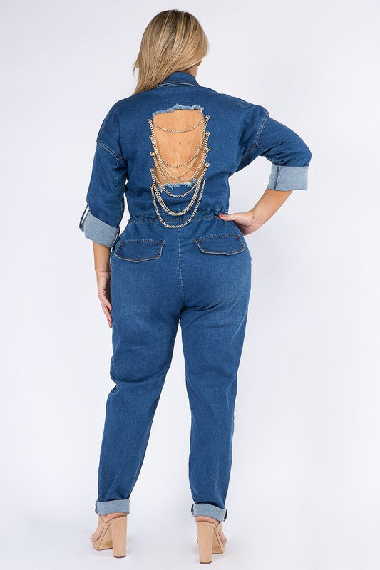 ROLL UP CHAIN BACK DENIM JUMPSUITS