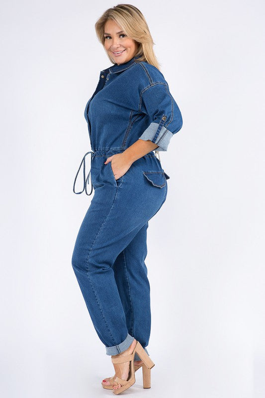 ROLL UP CHAIN BACK DENIM JUMPSUITS