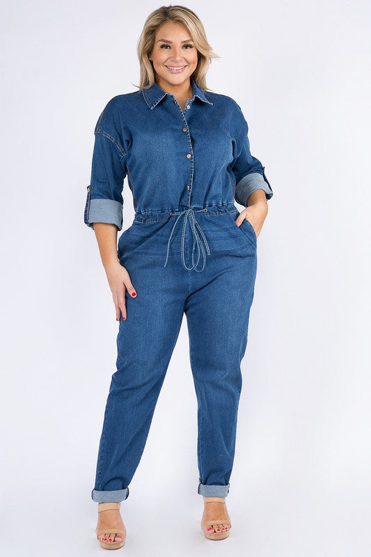 ROLL UP CHAIN BACK DENIM JUMPSUITS