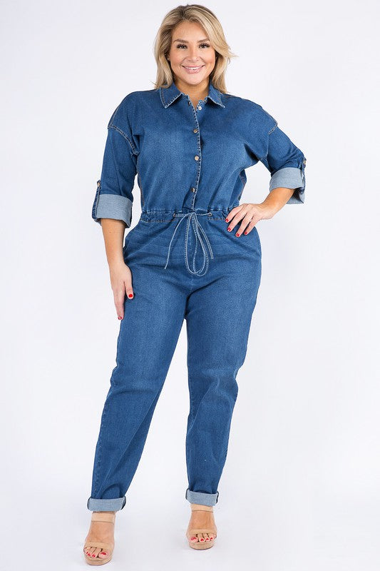 ROLL UP CHAIN BACK DENIM JUMPSUITS