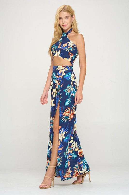 halter crop top maxi skirt with slit set tropical