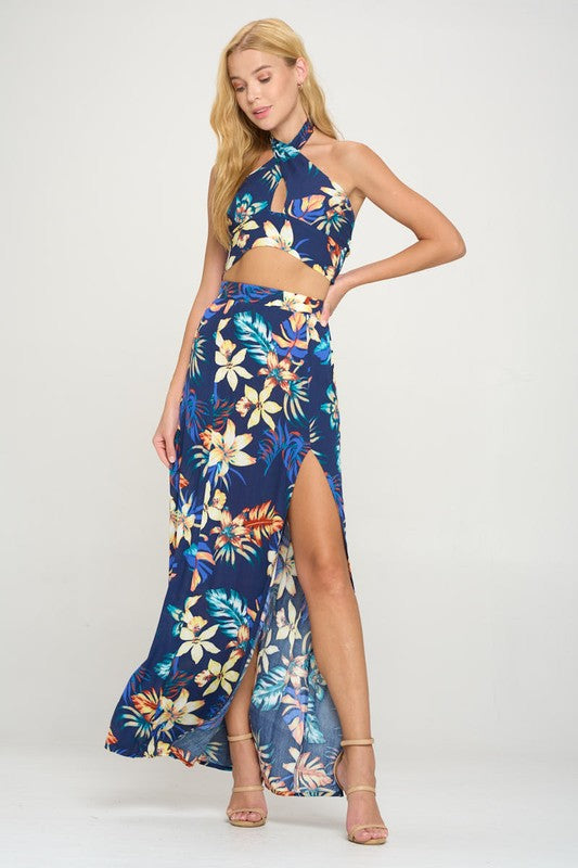 halter crop top maxi skirt with slit set tropical