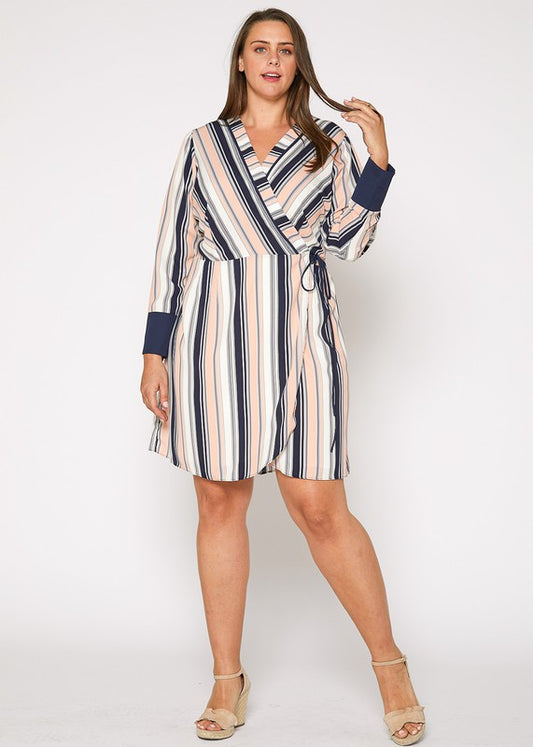 Nurode Plus Size Multi Stripe Printed Wrap Dress