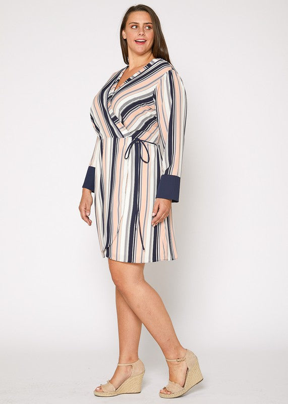 Nurode Plus Size Multi Stripe Printed Wrap Dress