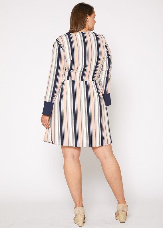 Nurode Plus Size Multi Stripe Printed Wrap Dress