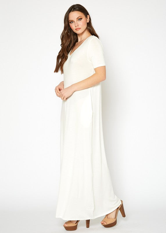 V Neck Short Sleeve Maxi Dress With Pockets