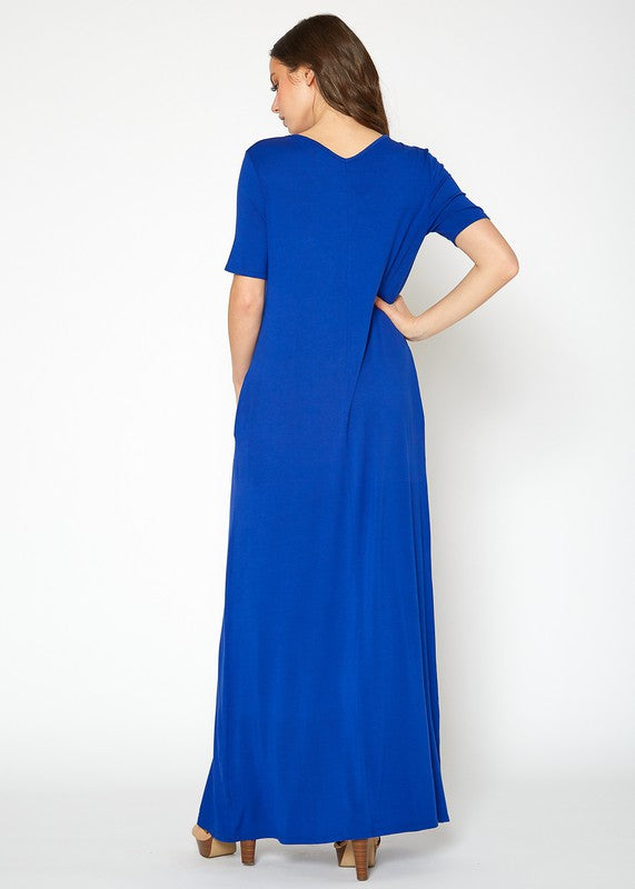 V Neck Short Sleeve Maxi Dress With Pockets