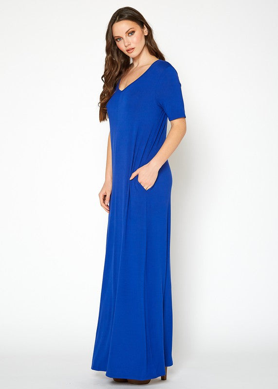 V Neck Short Sleeve Maxi Dress With Pockets