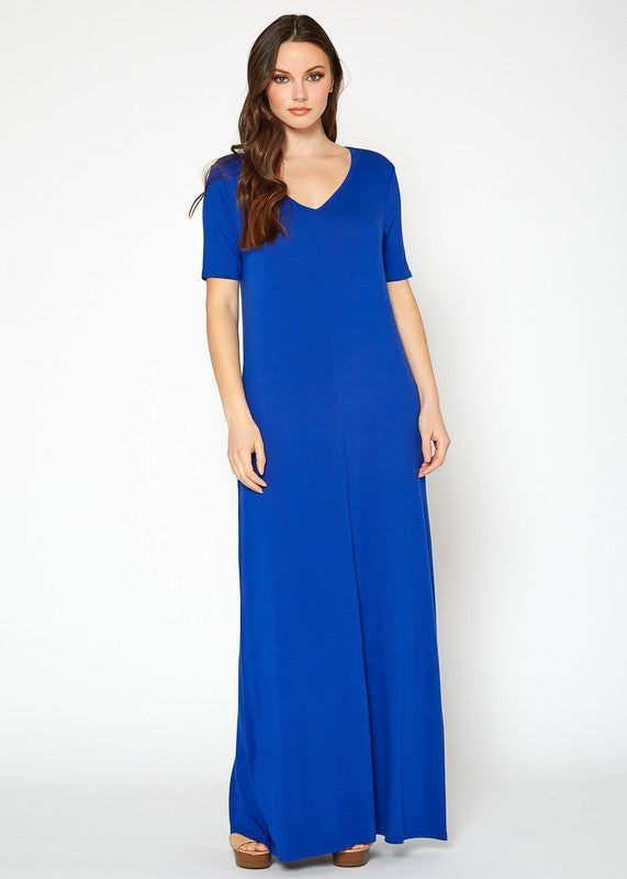 V Neck Short Sleeve Maxi Dress With Pockets