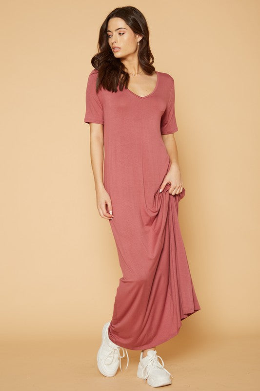 V Neck Short Sleeve Maxi Dress With Pockets